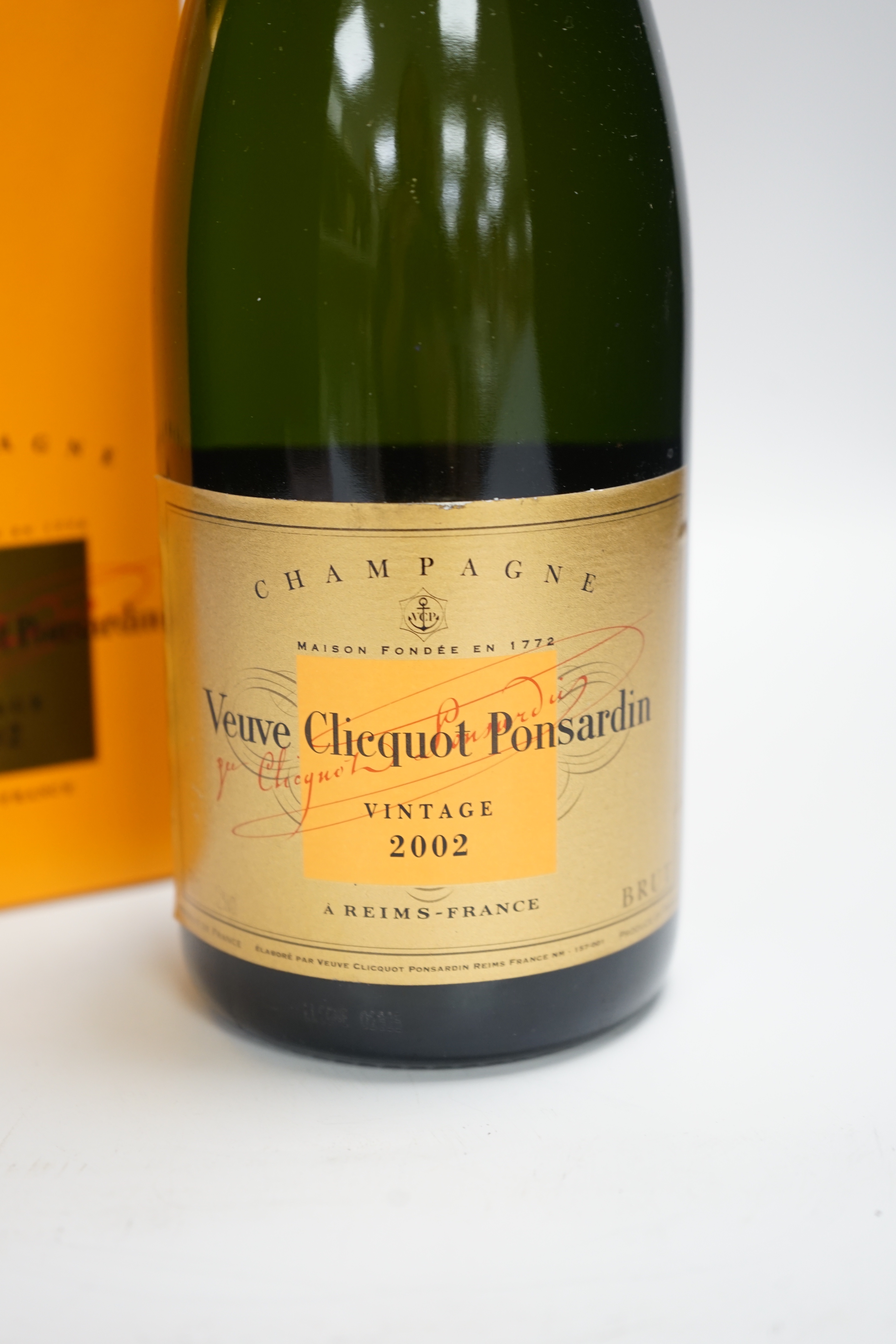 A bottle of Verve Clicquot champagne, vintage 2002, boxed